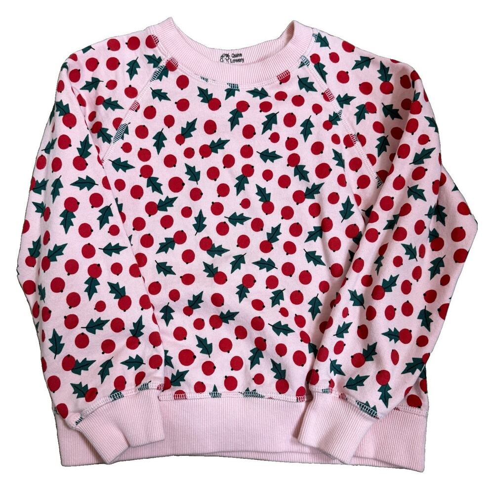 Hanna Andersson Girls Pink Holly Christmas Crewneck Pullover Sweatshirt 6-7